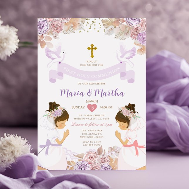 TWIN Girl First Holy Communion Purple Pink Floral Invitation (Creator Uploaded)