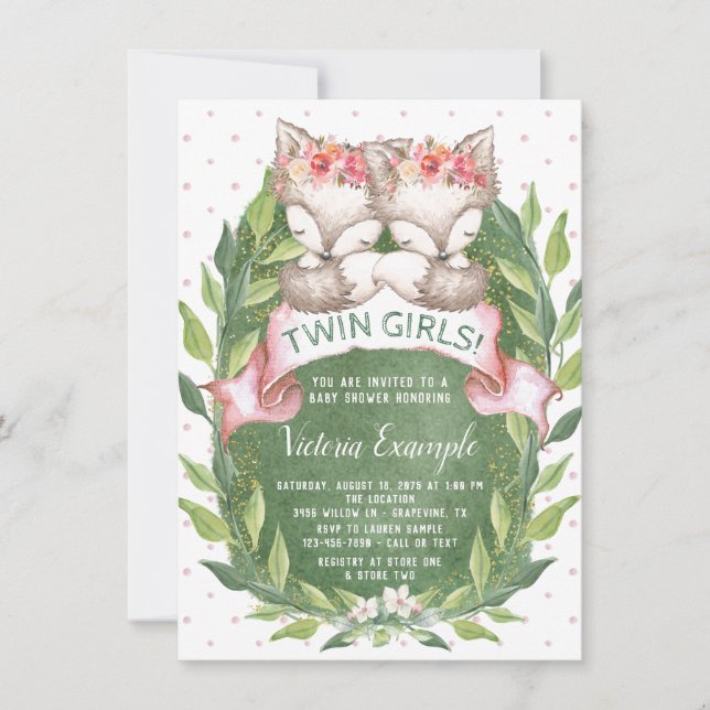 Twin Girl Fox Baby Shower Invitations (Front)