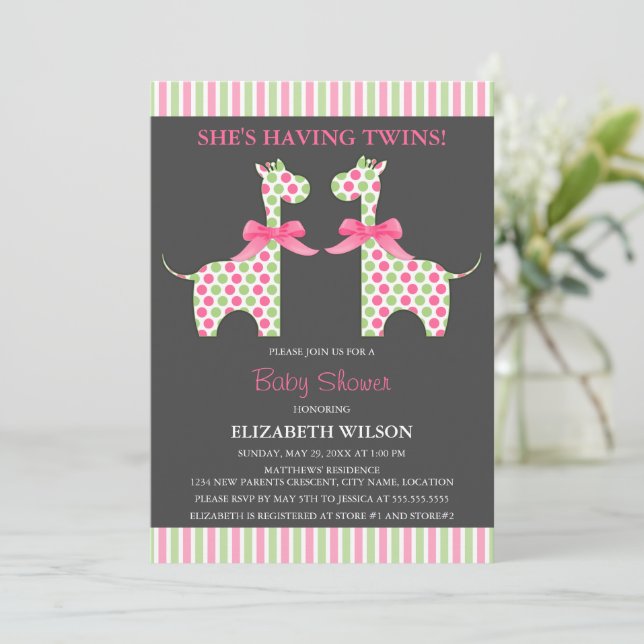 Twin Girl Giraffe Baby Shower Invitation (Standing Front)