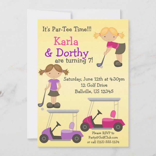 Twin Girl Golfer Golf Birthday Party Invitation (Front)
