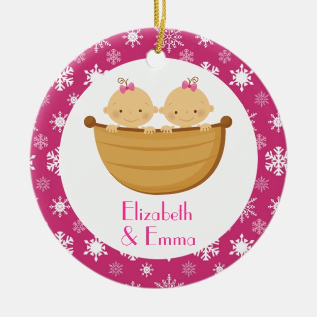 Twin Girl Personalised Christmas Keepsake Gift Ceramic Ornament (Front)
