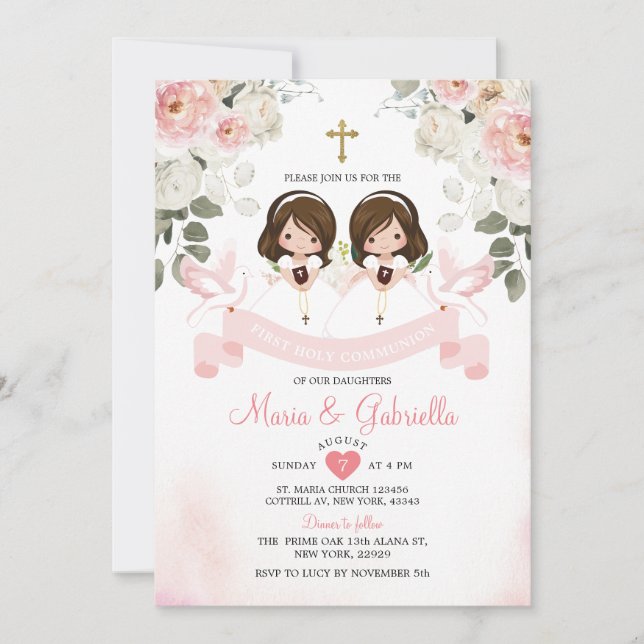 Twin Girl Pink Flowers 1st Holy Communion Gold Invitation (Front)