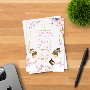 Twin Girl Pink Purple Butterfly 1st Holy Communion Acrylic Invitations