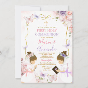Twin Girl Pink Purple Butterfly 1st Holy Communion Invitation