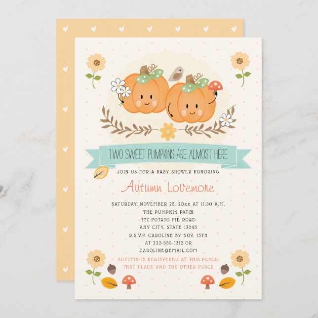 Twin Girl Pumpkin Baby Shower Invitations (Front/Back)