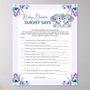 Twin Girl Survey Says Baby Shower Game Purple Teal Poster