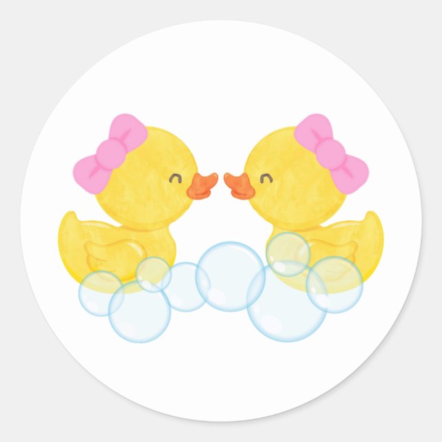 Twin Girl Watercolor Rubber Duck Round Stickers (Front)
