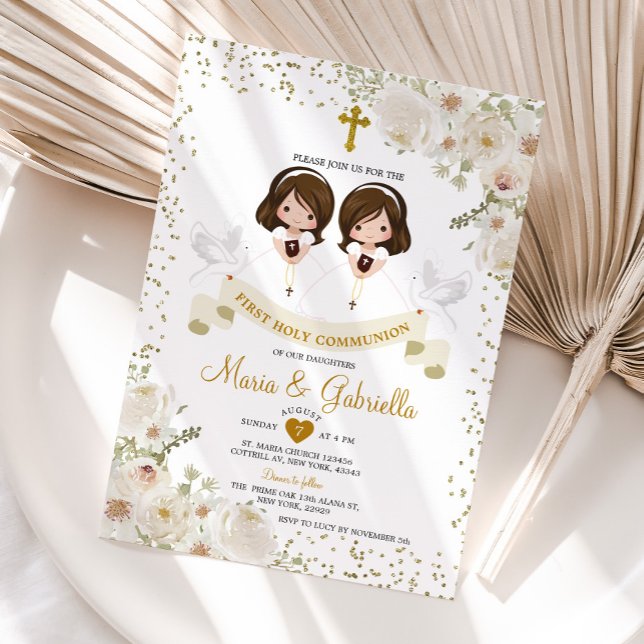 Twin Girl White Flower 1st Holy Communion Gold Invitation (Creator Uploaded)