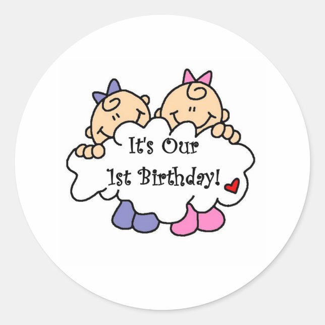 Twin Girls 1st  Birthday Classic Round Sticker (Front)