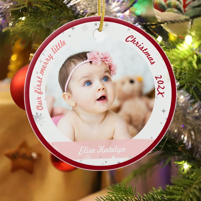 Twin Girls 2 Photos First Merry Little Christmas Ceramic Ornament (Modern Elegant Cute Our First Merry Little Christmas Twins Baby Girls 2 Photos Snowflakes Red Frame)
