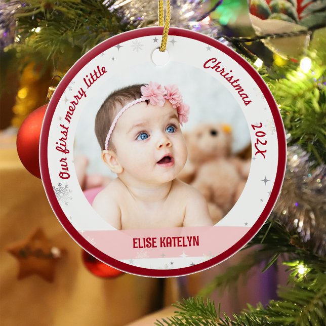 Twin Girls 2 Photos First Merry Little Christmas Ceramic Ornament (Modern Elegant Cute Our First Merry Little Christmas Twins Baby Girls 2 Photos Snowflakes Minimalist)
