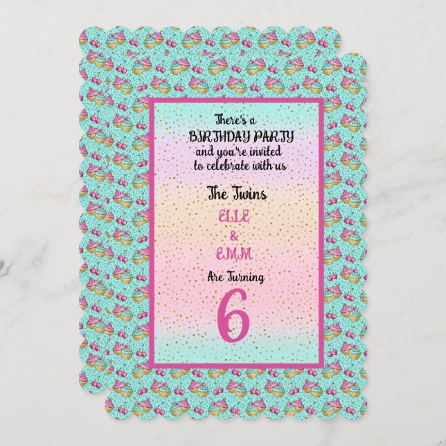 Twin Girls 6th Birthday Party Invitation (Front/Back)