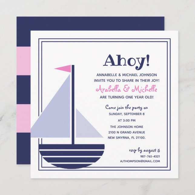 twin girls ANY AGE sailboat BIRTHDAY PARTY Invitation (Front/Back)