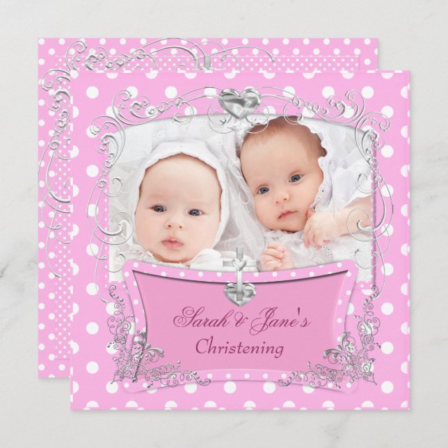 Twin Girls Baby Christening Baptism Pink Invitation (Front/Back)