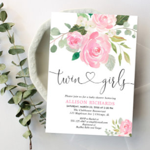 Twin girls baby shower blush pink green floral invitation