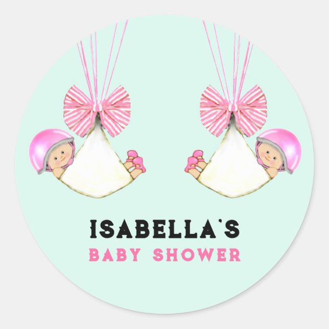 Twin Girls Baby Shower Classic Round Sticker (Front)