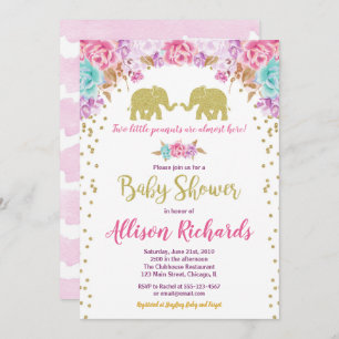 Twin girls baby shower elephants pink gold invitation