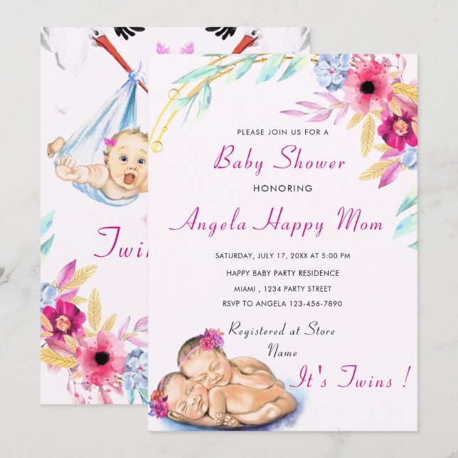 Twin Girls Baby Shower Invitation - Custom Colour (Front/Back)