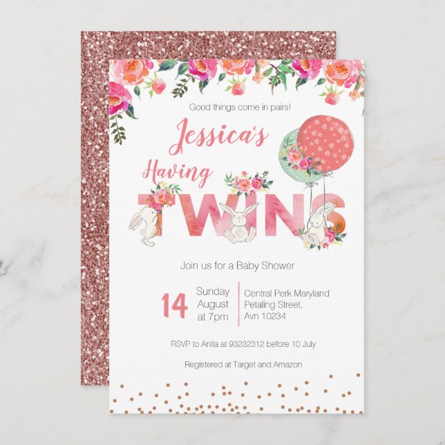 Twin Girls Baby Shower Invitations (Front/Back)