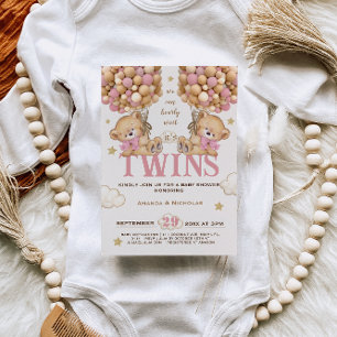 Twin Girls Bear Bearly Wait Baby shower Invitation