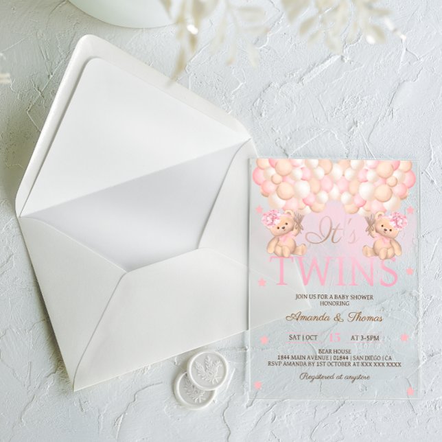 Twin Girls Bear Pink Balloons Baby Shower Acrylic Invitations (Creator Uploaded)