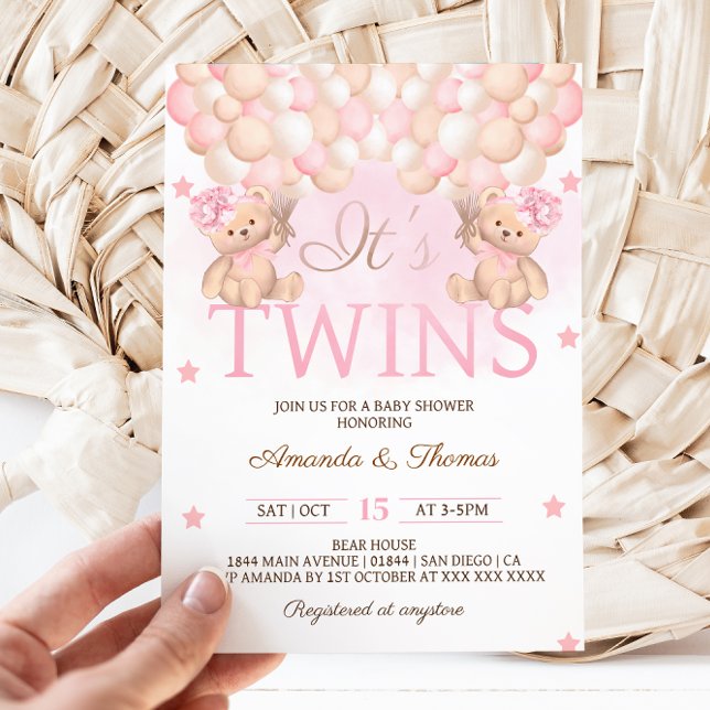 Twin Girls Bear Pink Balloons Baby Shower Invitation (Creator Uploaded)