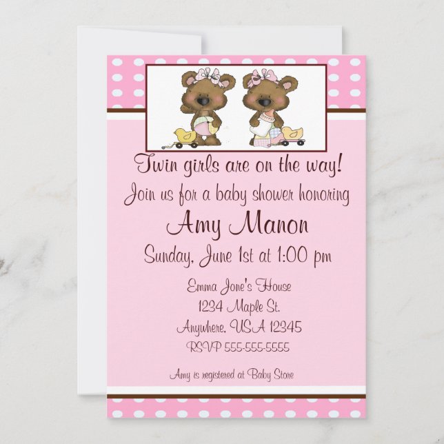 Twin girls bears personalised baby shower invites (Front)