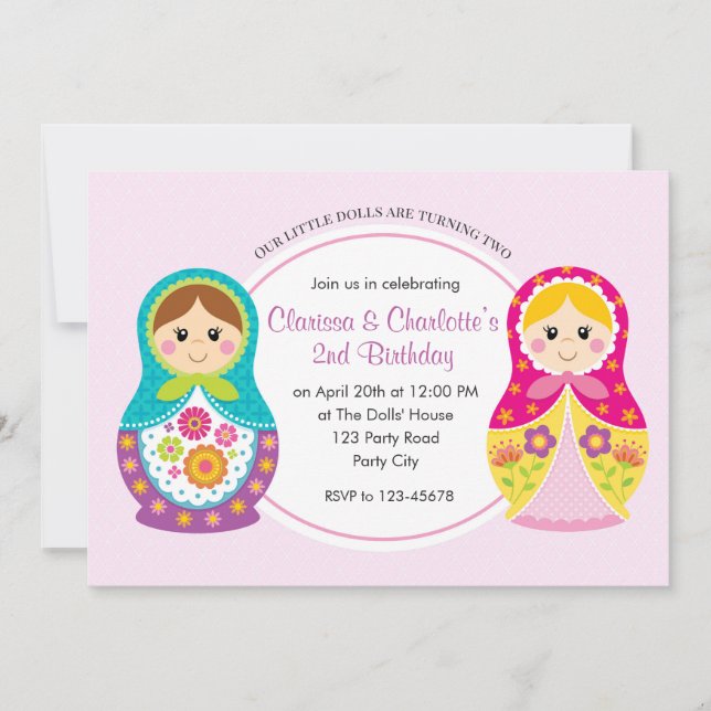 Twin Girls Birthday Invitation (Matryoshka) (Front)