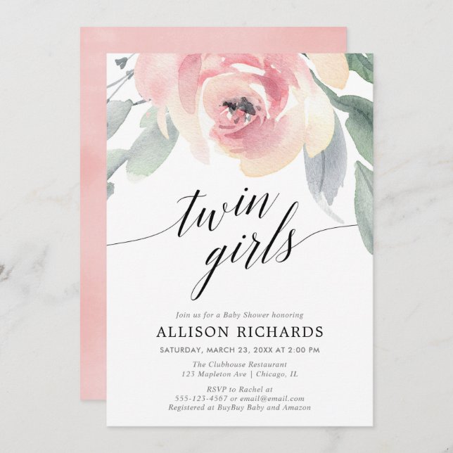 Twin girls blush pink elegant floral watercolor invitation (Front/Back)