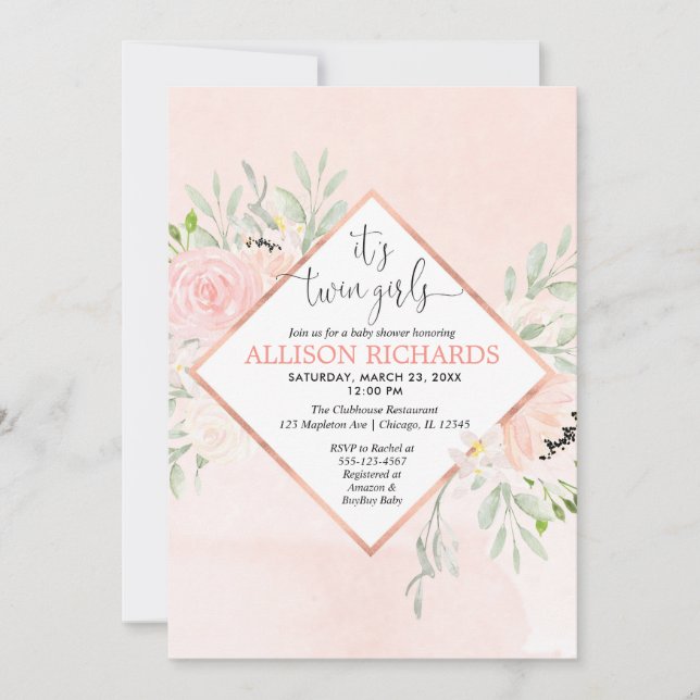 Twin girls Blush pink rose gold floral baby shower Invitation (Front)