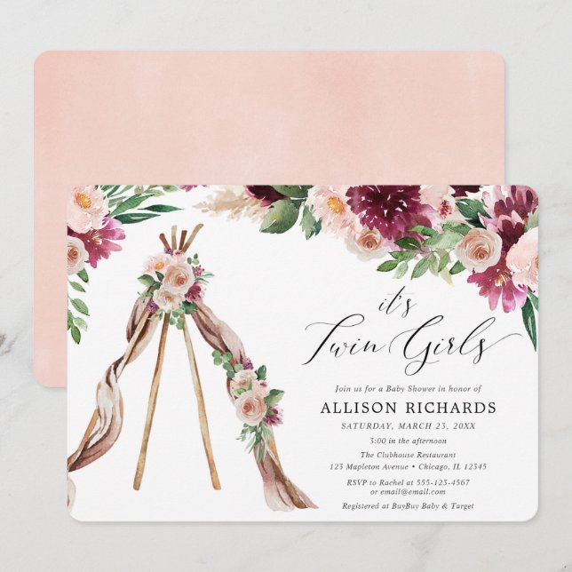 Twin girls boho rustic floral girl baby shower invitation (Front/Back)