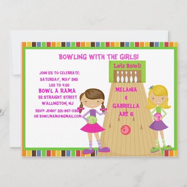 Twin Girls Bowling Birthday Party Invitation (Front)