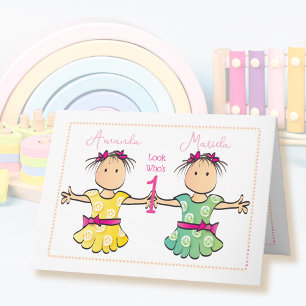 Twin Girls Brown Hair Cute Cartoon 1st Birthday Card