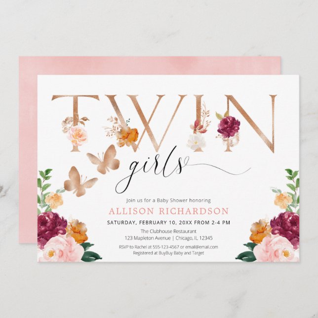 Twin girls butterfly rose gold pink elegant floral invitation (Front/Back)