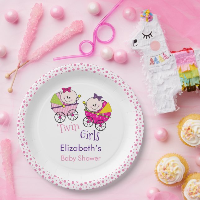 Twin Girls Carriage Baby Shower  Paper Plate (Party)