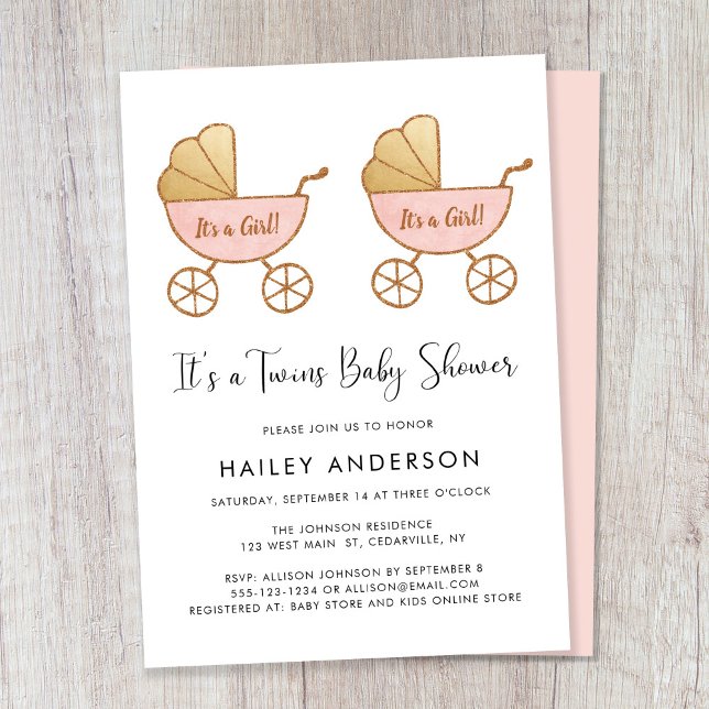 Twin Girls Carriage Watercolor Baby Shower Invitation (Creator Uploaded)