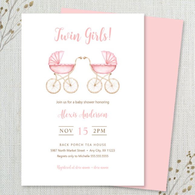 Twin Girls Carriages Baby Shower Invitation (Creator Uploaded)