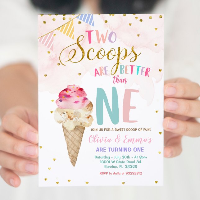 Twin Girls Cone Ice Cream Birthday Invitation (Creator Uploaded)