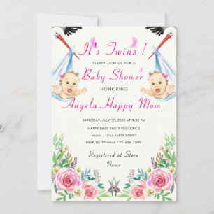 Twin Girls Cute Funny Stork Baby Shower Invitation