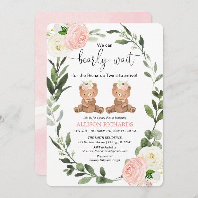 Twin girls cute teddy bear pink floral baby shower invitation (Front/Back)