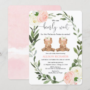 Twin girls cute teddy bear pink floral baby shower invitation