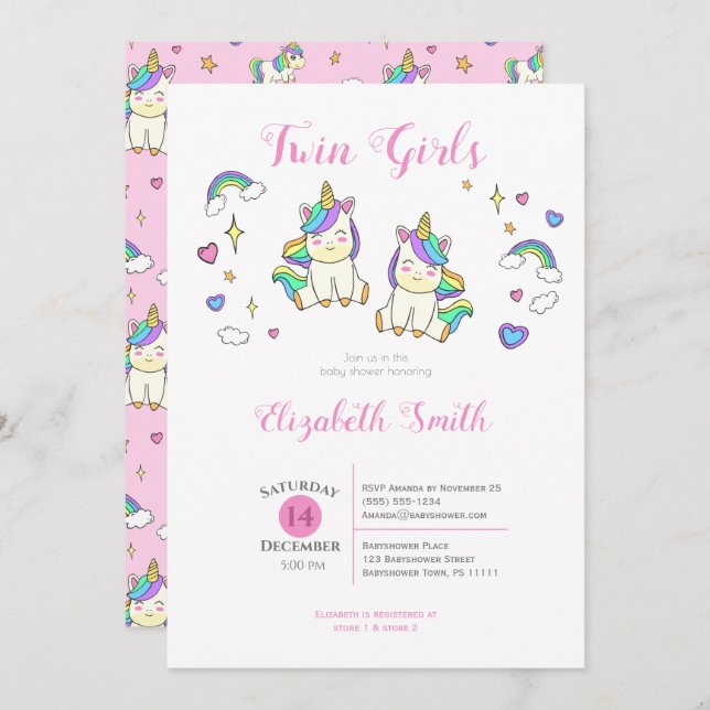 Twin Girls Cute unicorn baby shower Invitation (Front/Back)