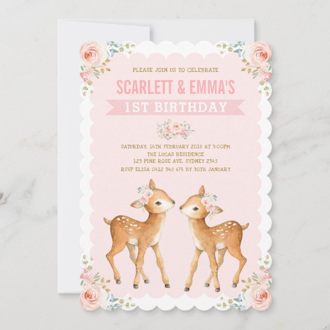 Twin Girls Deer 1st Birthday Twins Pink Floral Invitation (Front)