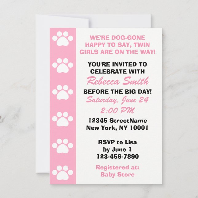 Twin Girls - Dog Themed Baby Shower Invitations (Front)