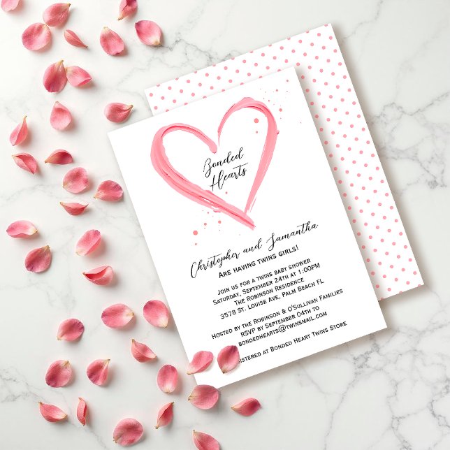  Twin Girls Elegant Modern Pink Heart Baby Shower Invitation (Creator Uploaded)
