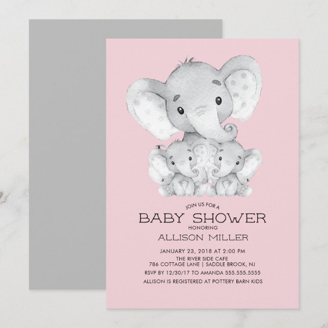 TWIN Girls Elephant baby Shower Invitation (Front/Back)