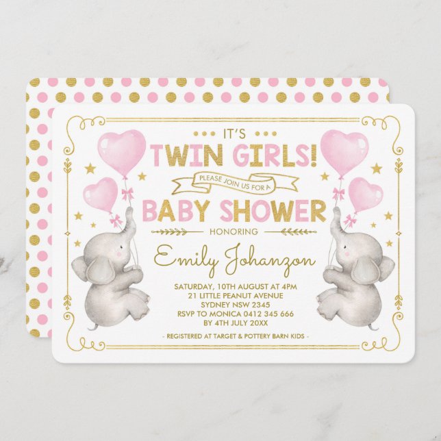 Twin Girls Elephant Baby Shower Pink Gold Jungle Invitation (Front/Back)