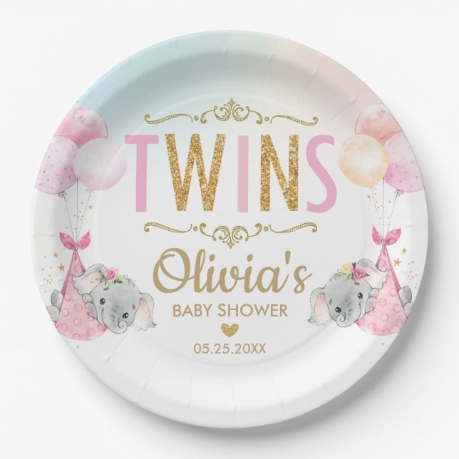 Twin Girls Elephant Baby Shower Sprinkle Whimsical Paper Plate (Front)