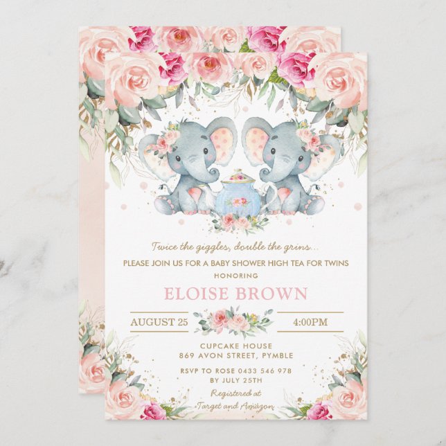 Twin Girls Elephant Blush Floral Tea Baby Shower Invitation (Front/Back)
