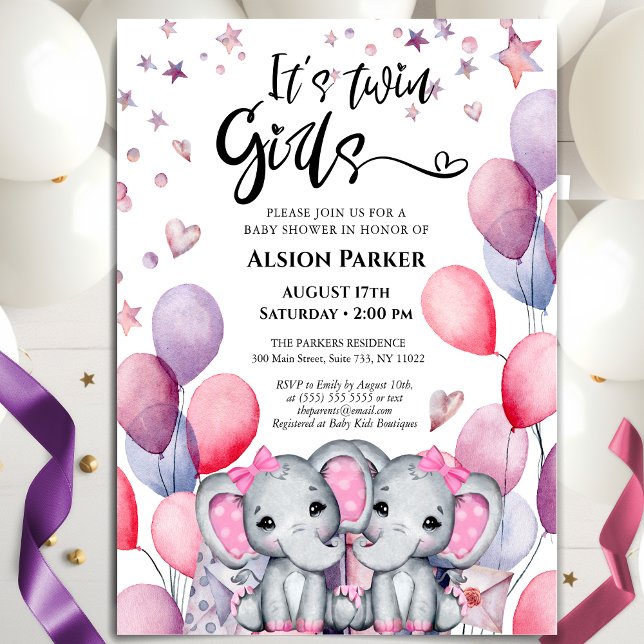 Twin Girls Elephant Pink Balloons Cute Baby Shower Invitation (Creator Uploaded)